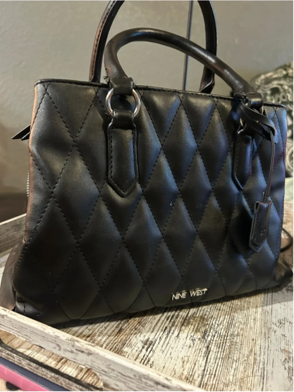 Women's Nine West Quilted Satchel Bag One Size Black Silver